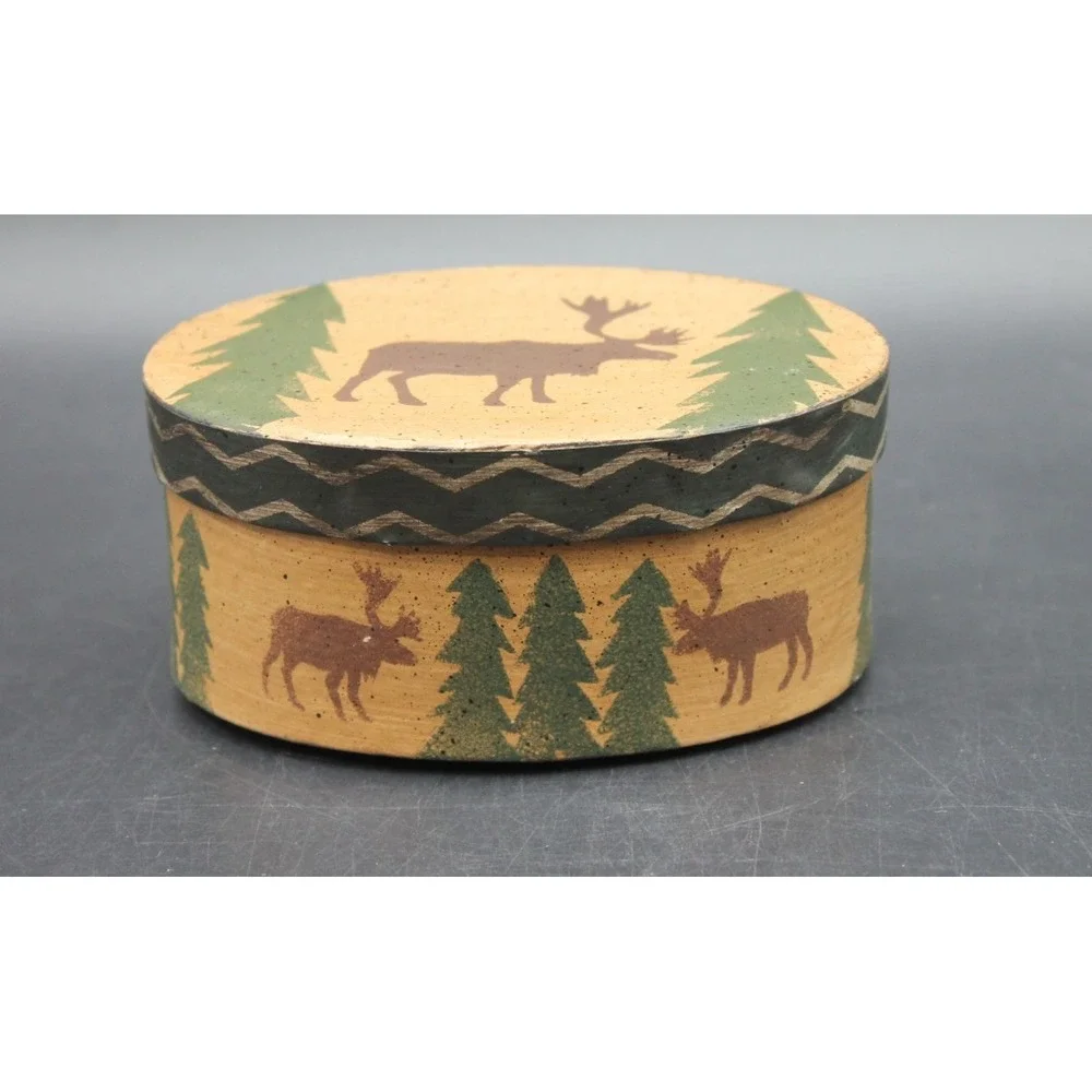 Set of 3 Rustic Woodland Bentwood Trinket Boxes Bear Moose Fish Round Lidded